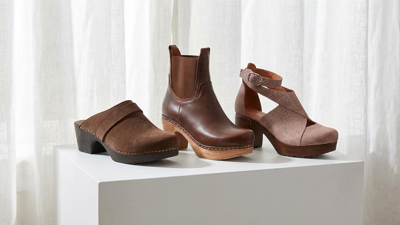 Calou clogs, showing the difference between low heel and high heel styles