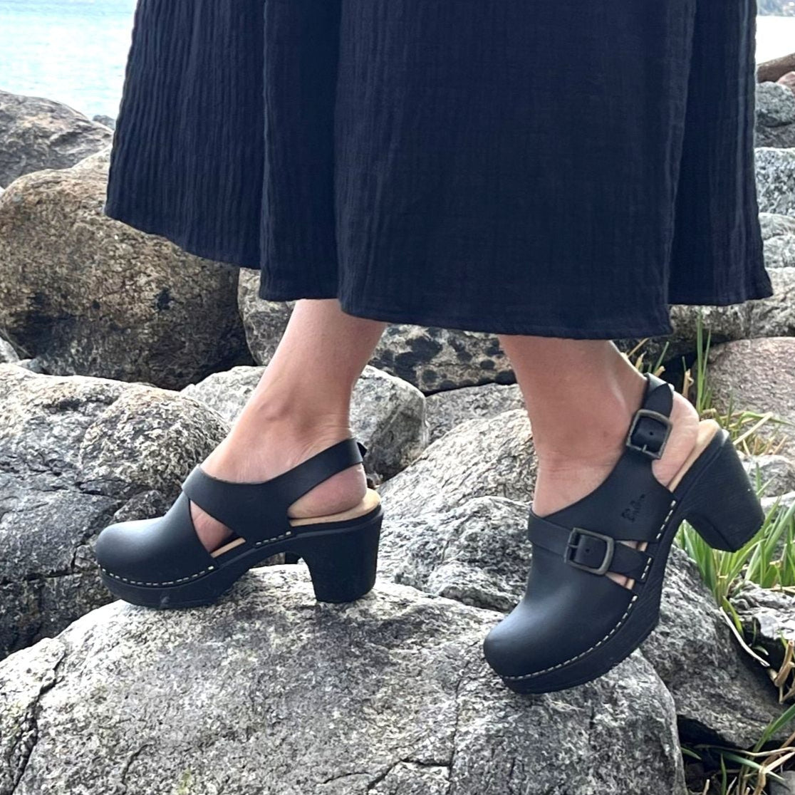 Astrid leather clog on model Calou Stockholm