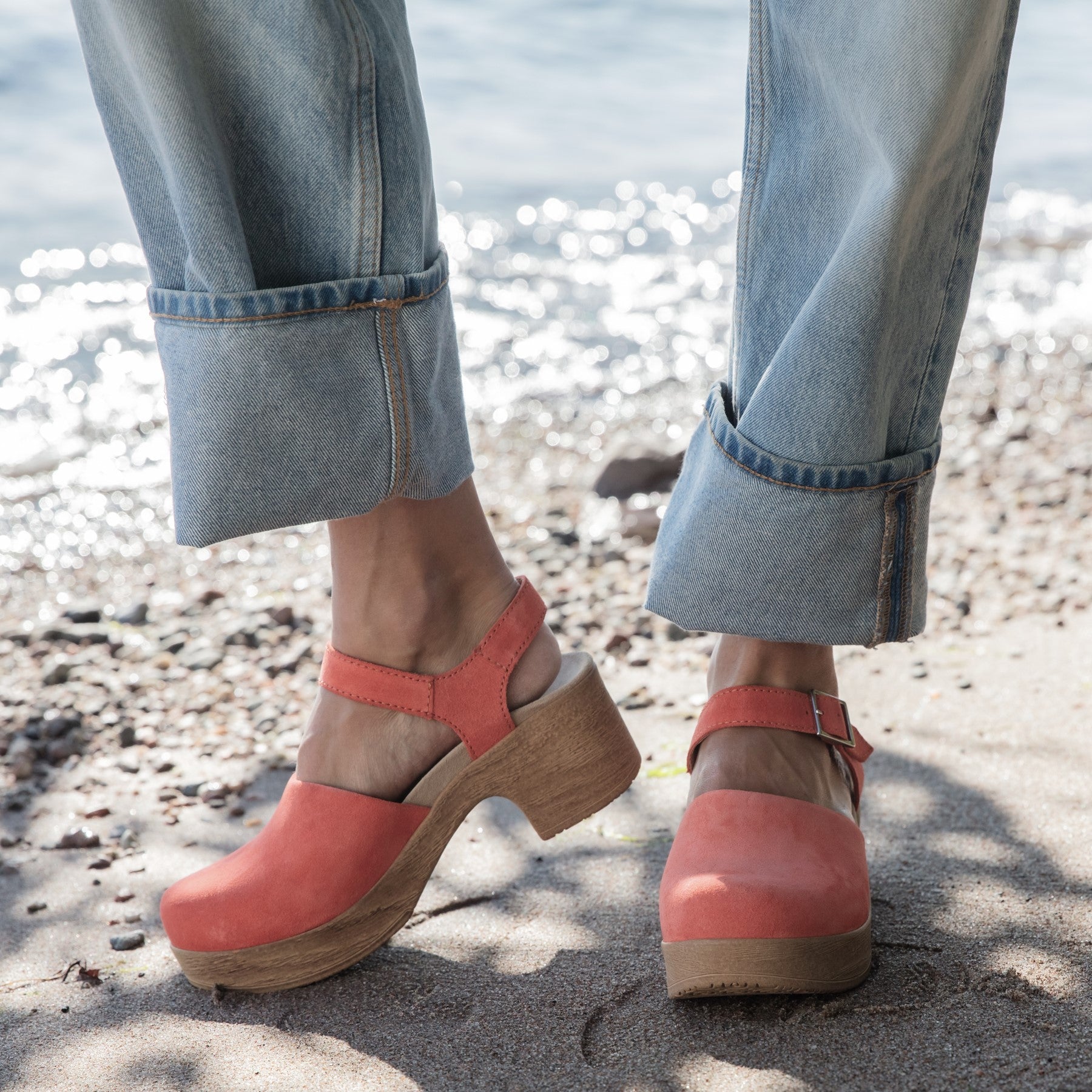 Dolores coral suede maryjane clogs on model Calou Stockholm