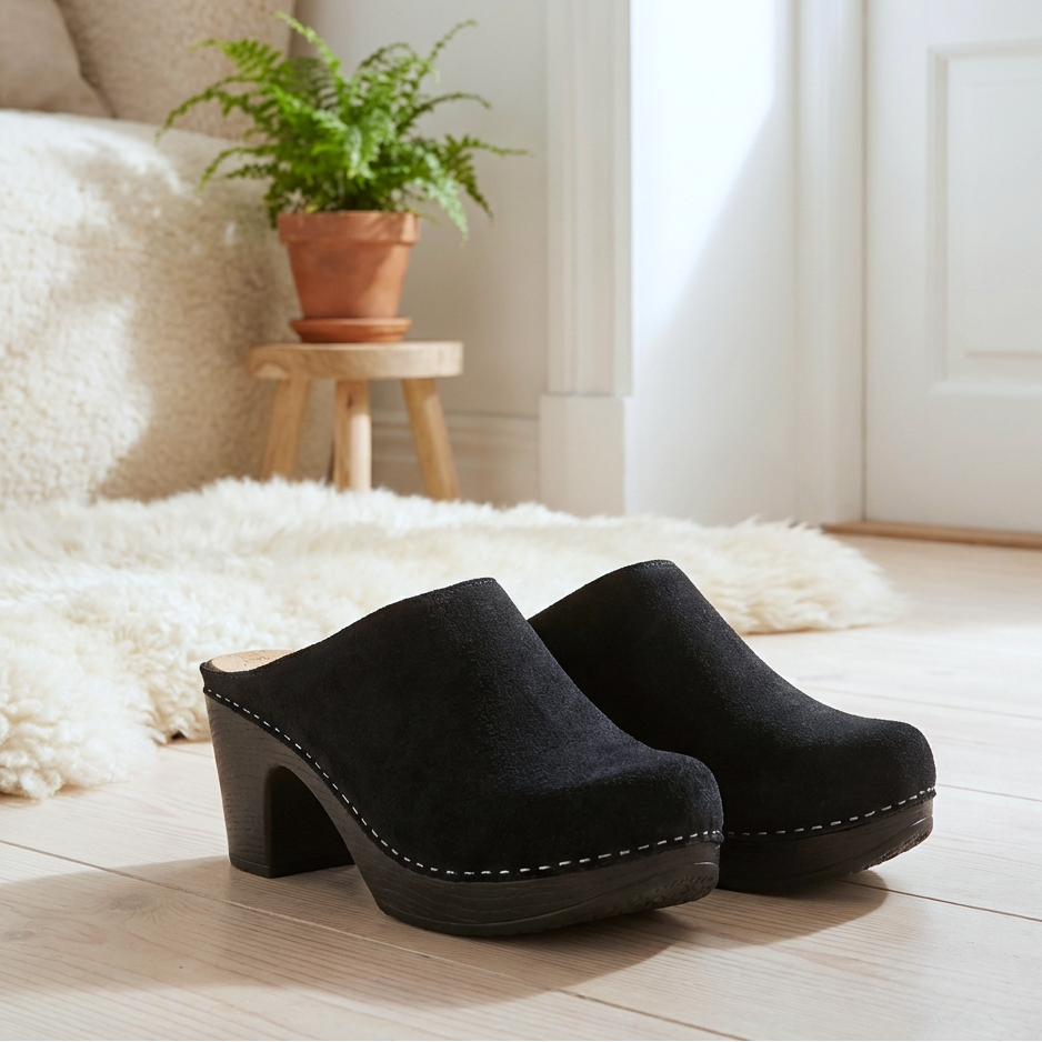 Calou Lisa Black suede clogs with flex-soles on a light wooden floor lifestyle