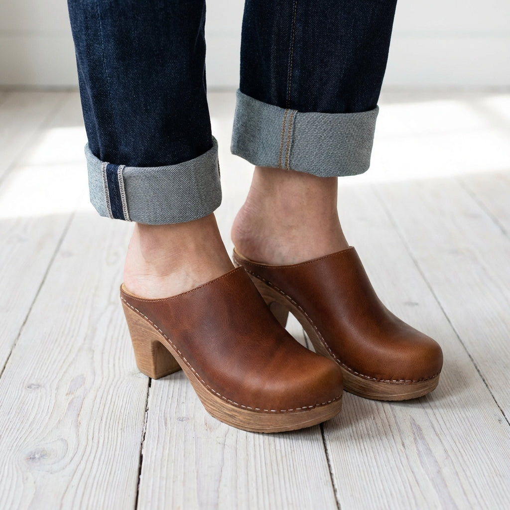 Calou Brown leather clogs with flexible soles