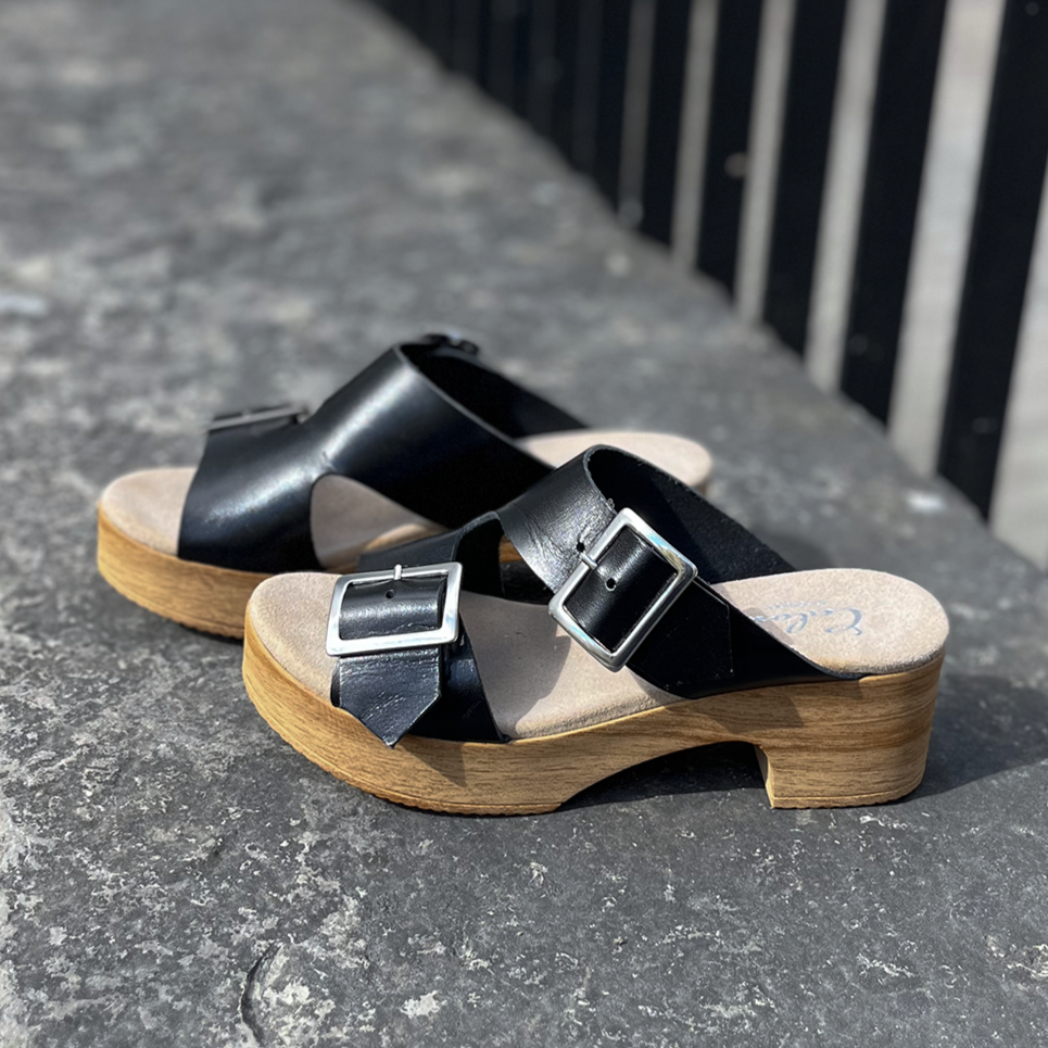 Noor black leather buckled sandals on stone, Calou Stockholm