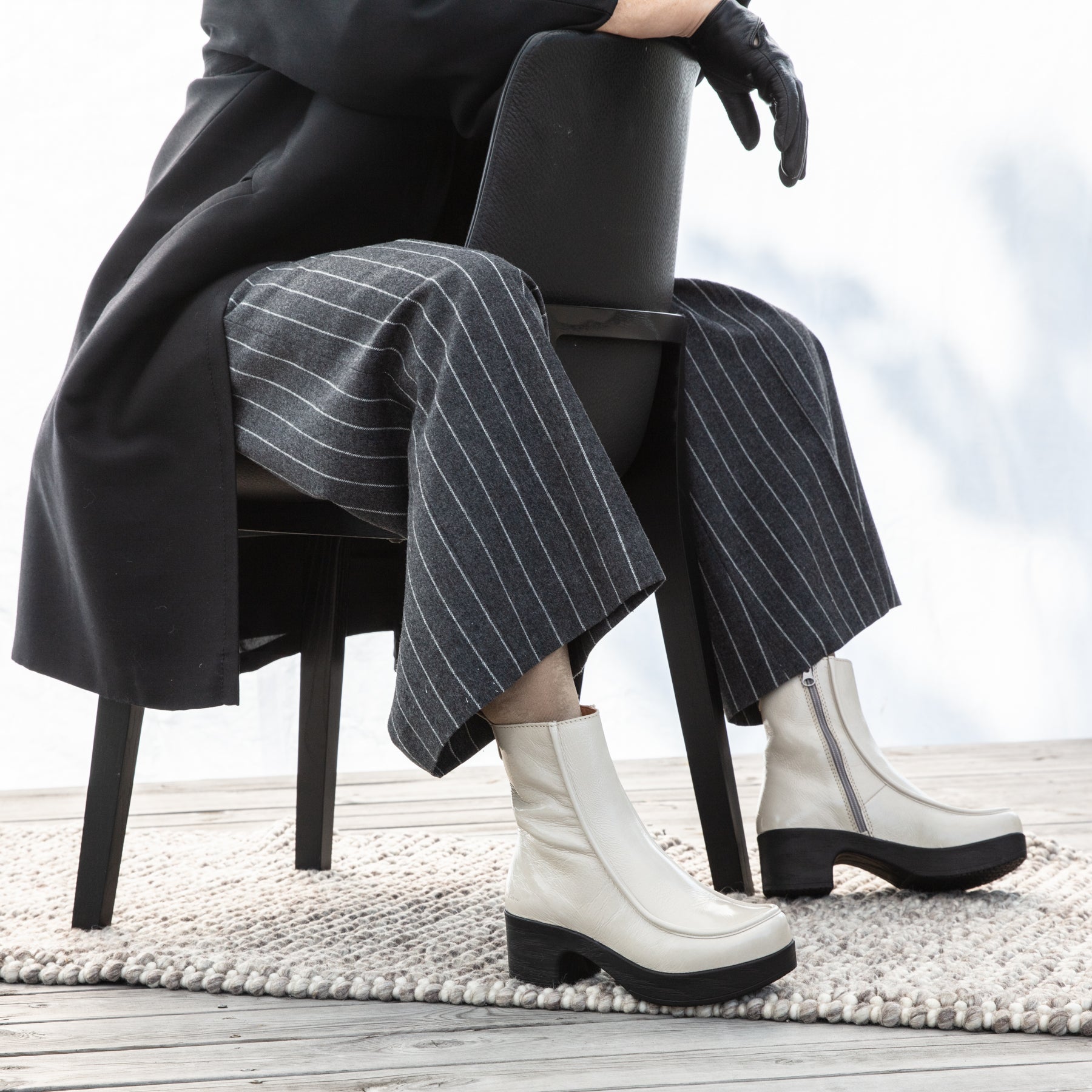 Viola white patent leather clog boots on model Calou