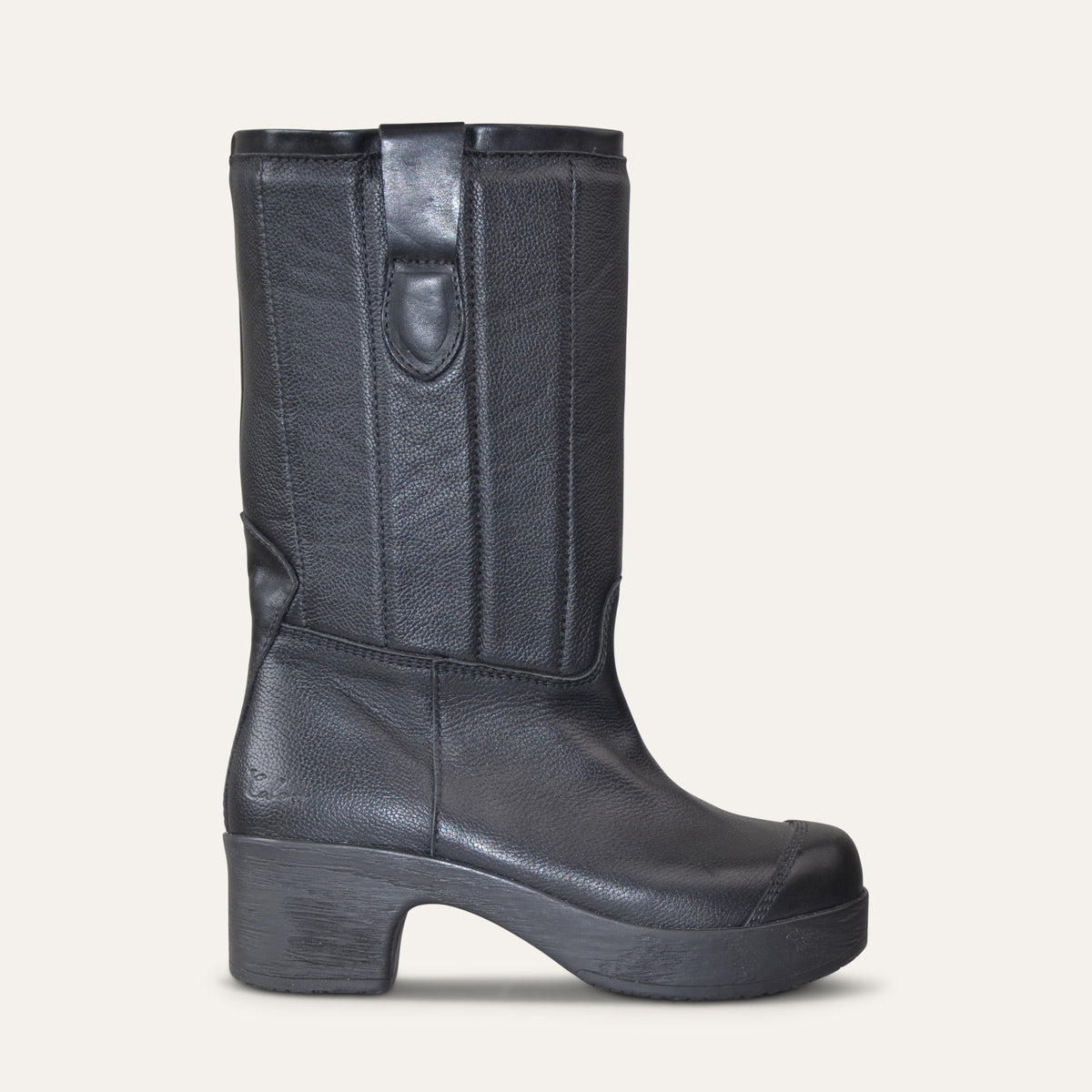Black leather Calou Fia slip-on boot with 5.5 cm wooden-look heel, 2.5 cm platform and 24 cm shaft, side view