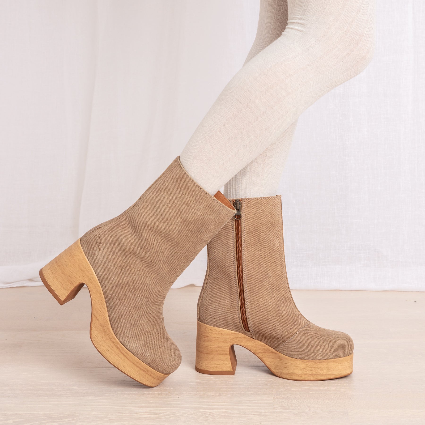 Bobbie beige suede clog boots on model