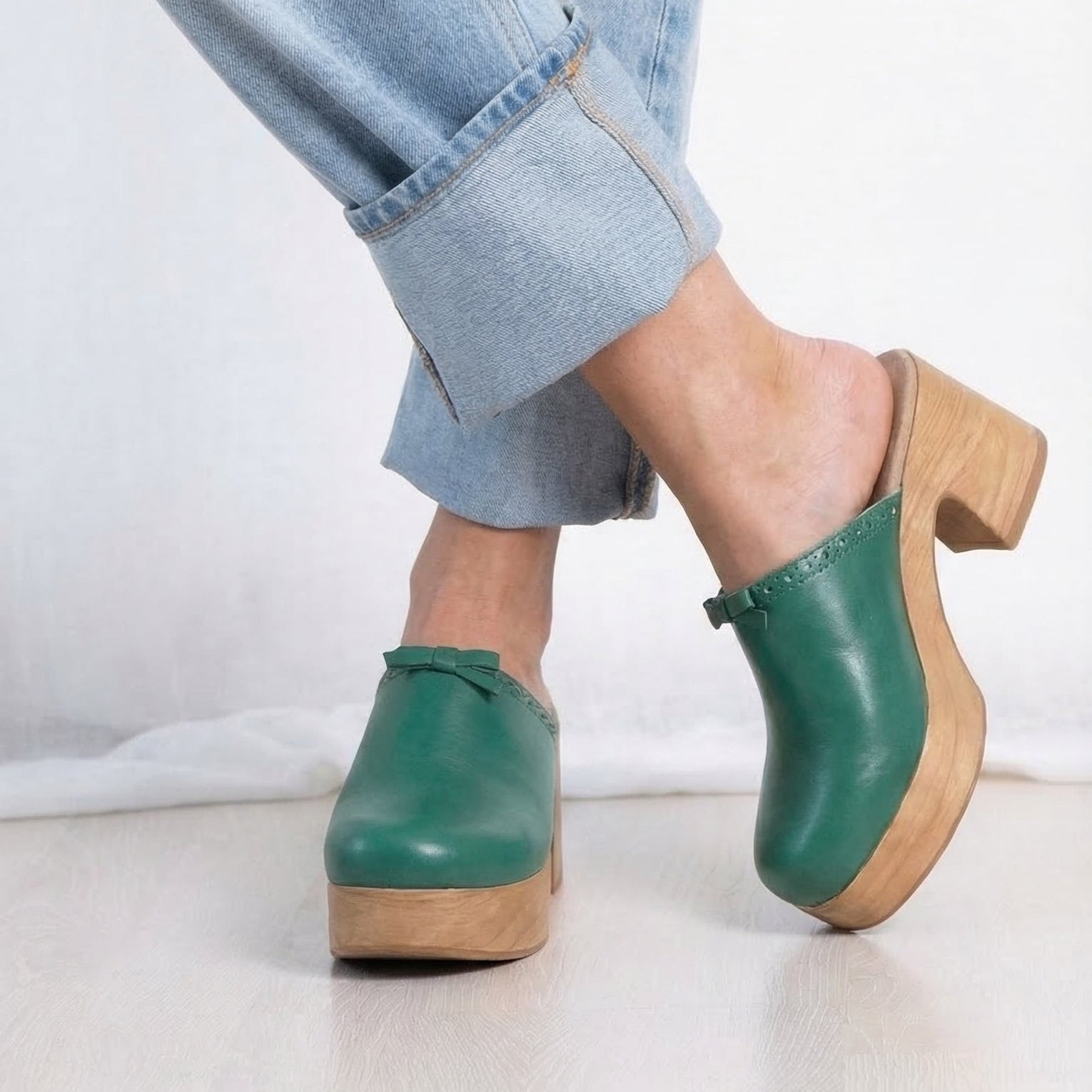 Calou Carla green leather slip on clogs on soft flexible soles