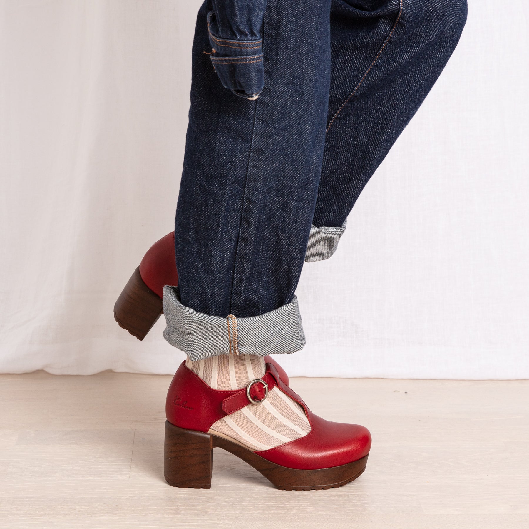 Kerstin_red_leather_T-strap clog shoe on model, Calou stockholm