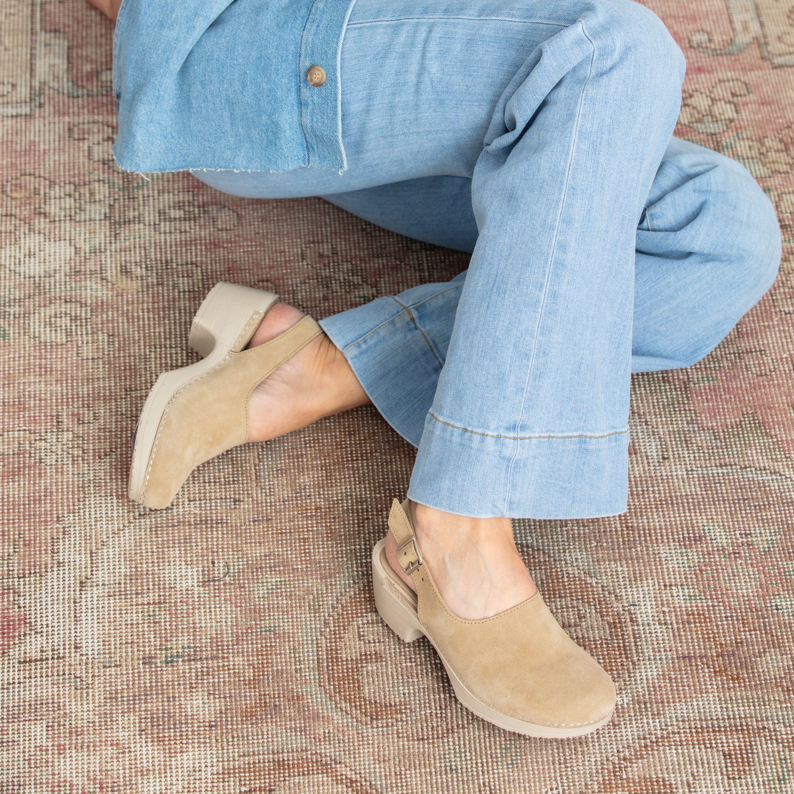 Lilja beige suede slingback clogs on model