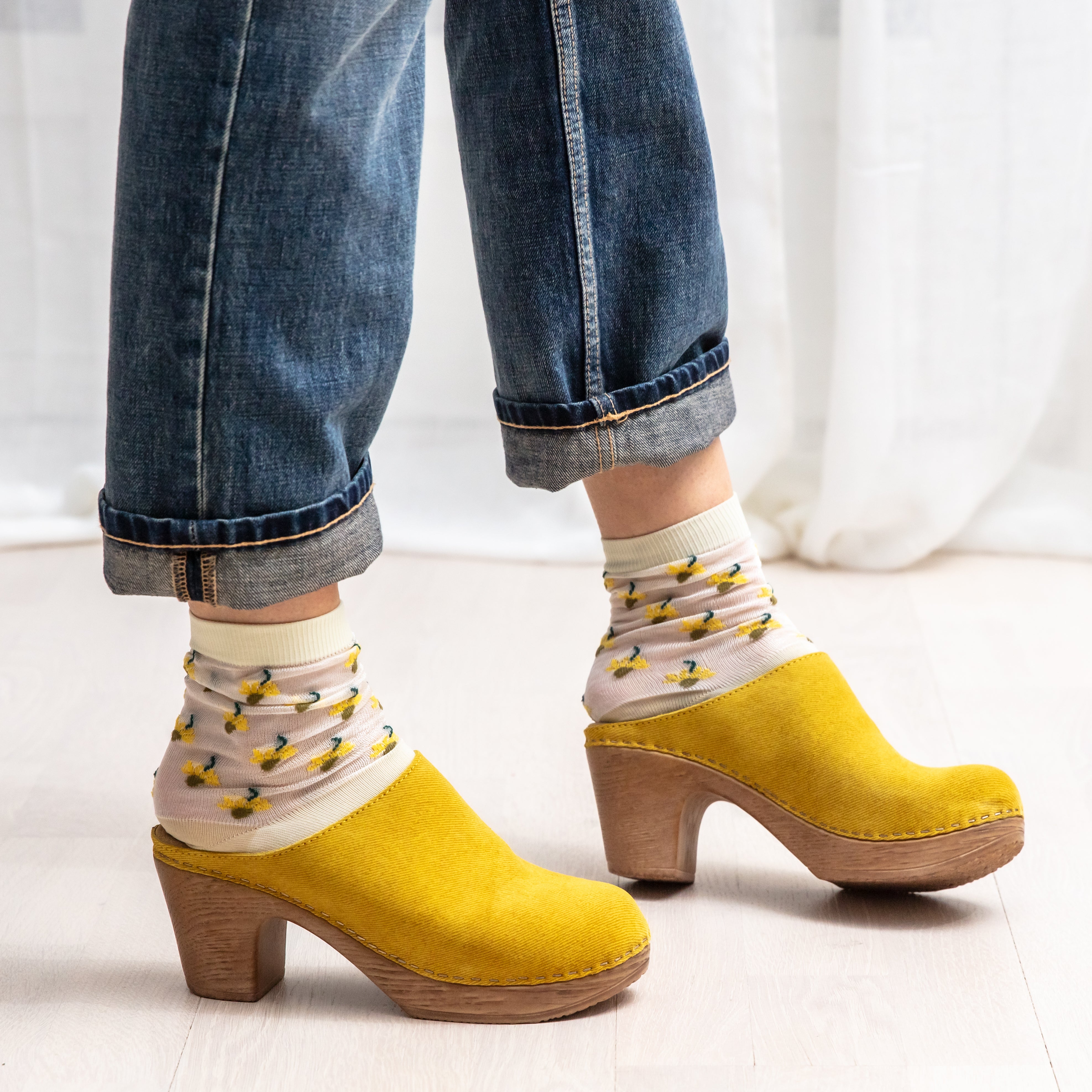 Lisa yellow suede clog on model calou stockholm