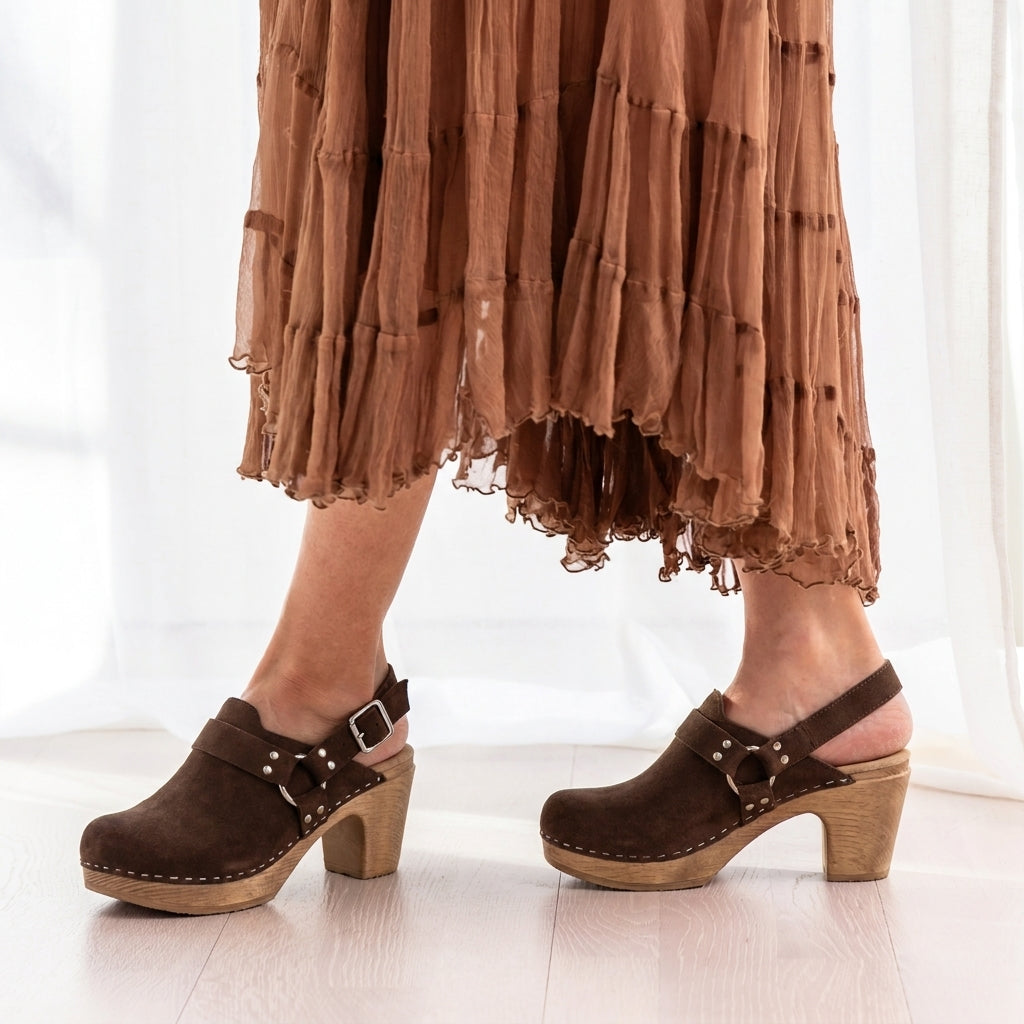 Calou Tindra dk brown suede western inspired slingback clogs on flexible shock absorbing soles