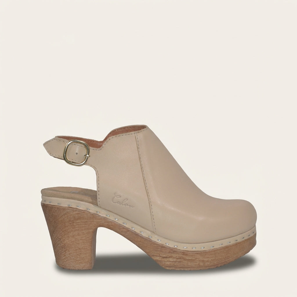 Beige comfort clog shoe slingback, flexsole with woodlike effect