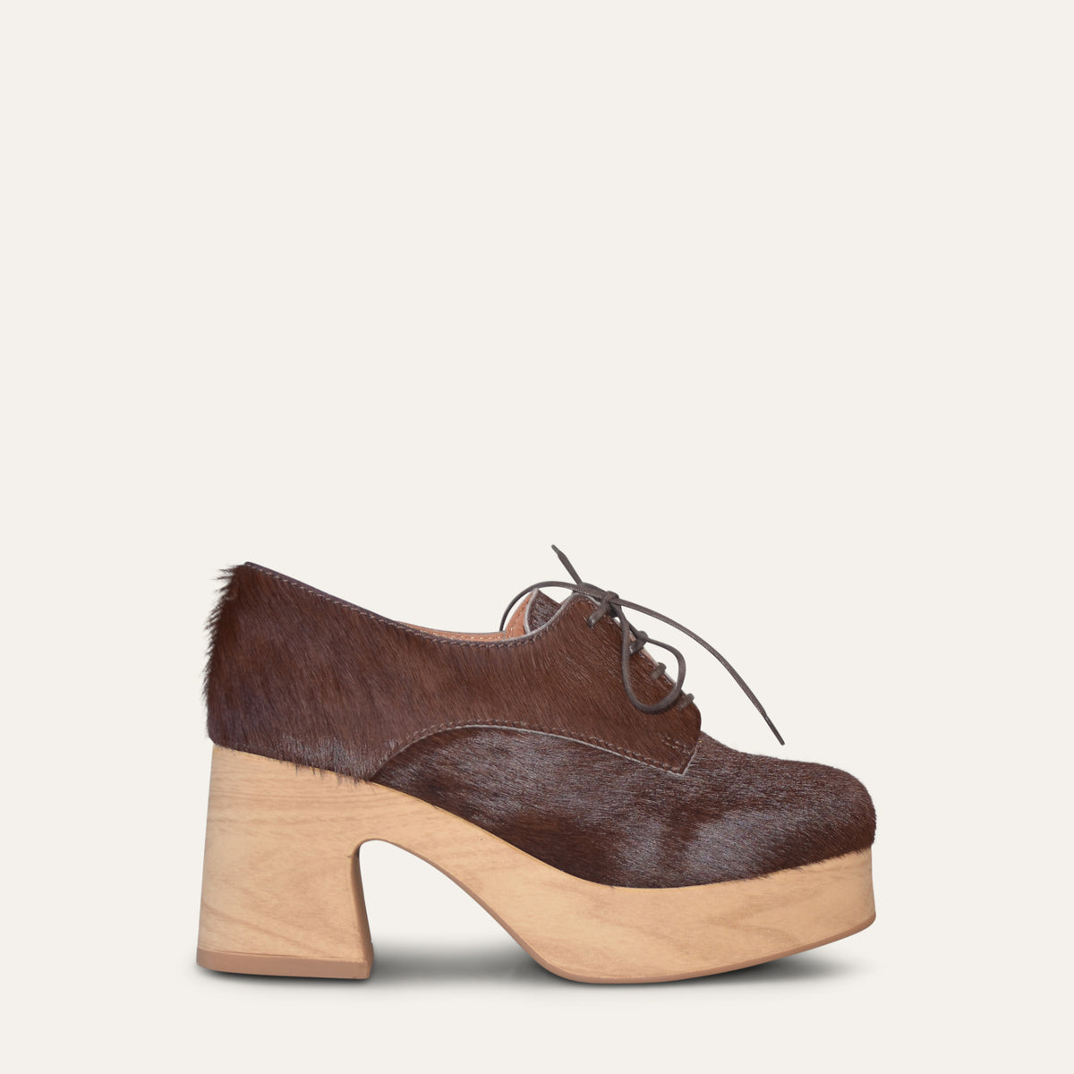 Brown pony hair Calou Britta lace-up platform shoe with 8 cm wooden-look heel and 3 cm platform, side view