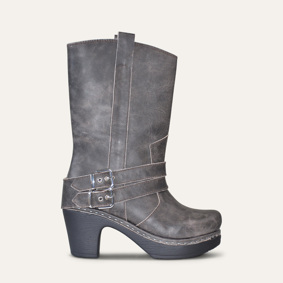 Calou Lou biker clog boot in distressed gray leather with double buckle straps and wooden heel, side view