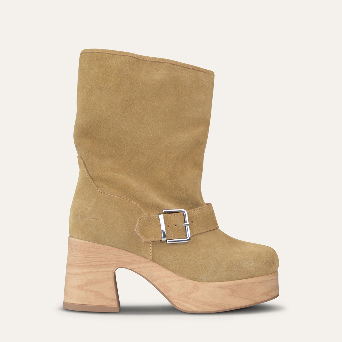 Beige suede Calou Naomi platform boot with ankle buckle and 8 cm wooden-look heel, side view

